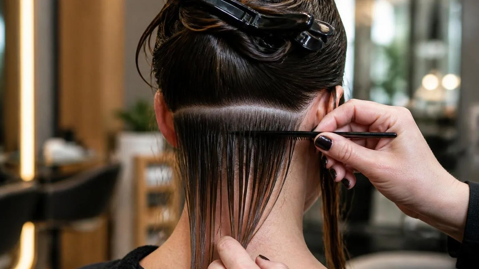 Brushes, clips and a professional dryer laid out on a clean counter, in everyday salon practice