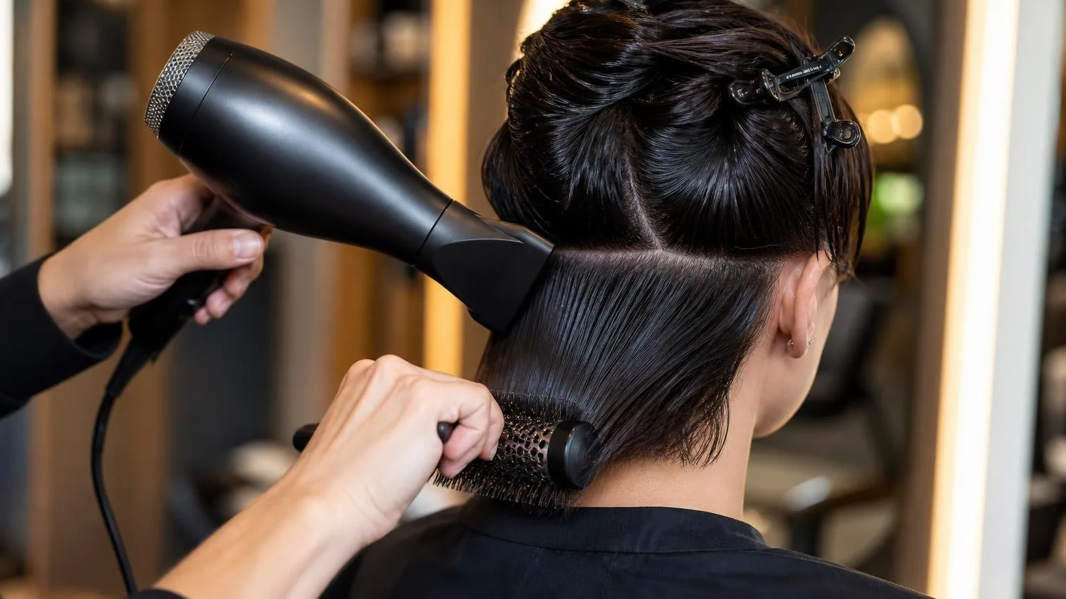 The workstation mid-service, tools in use and hair in motion, shown close up
