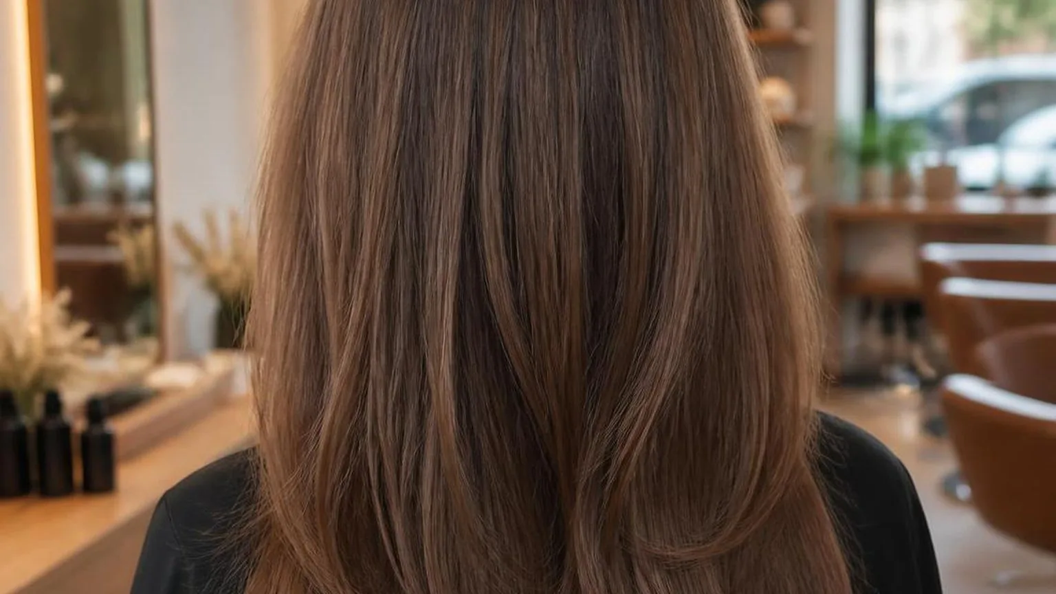 The finished blow dry from behind, movement in the lengths, shown close up