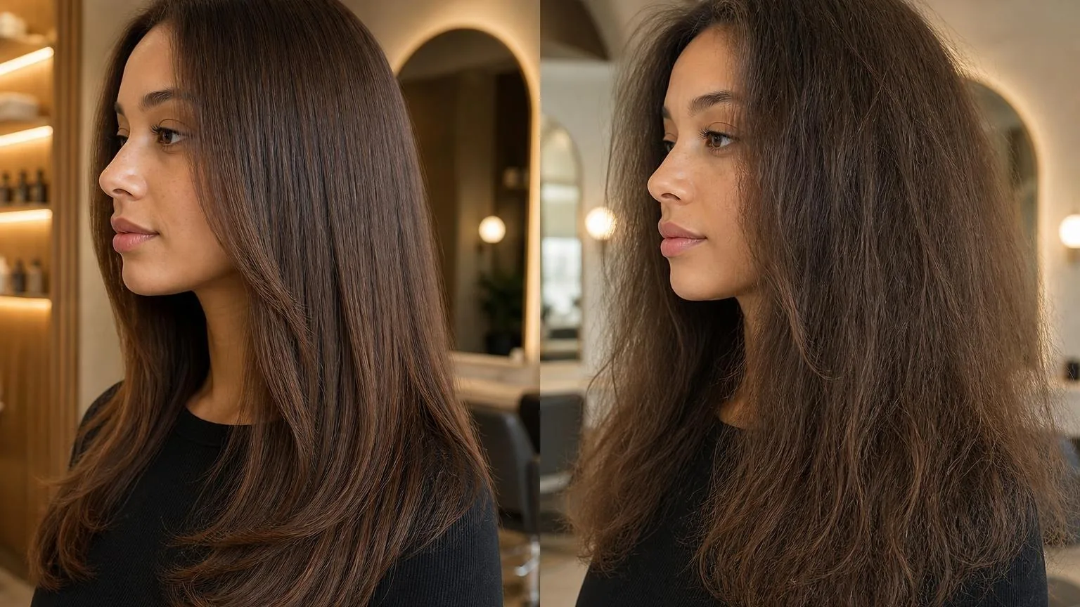 A stylist working through a sectioned blow dry, close-up, shown close up