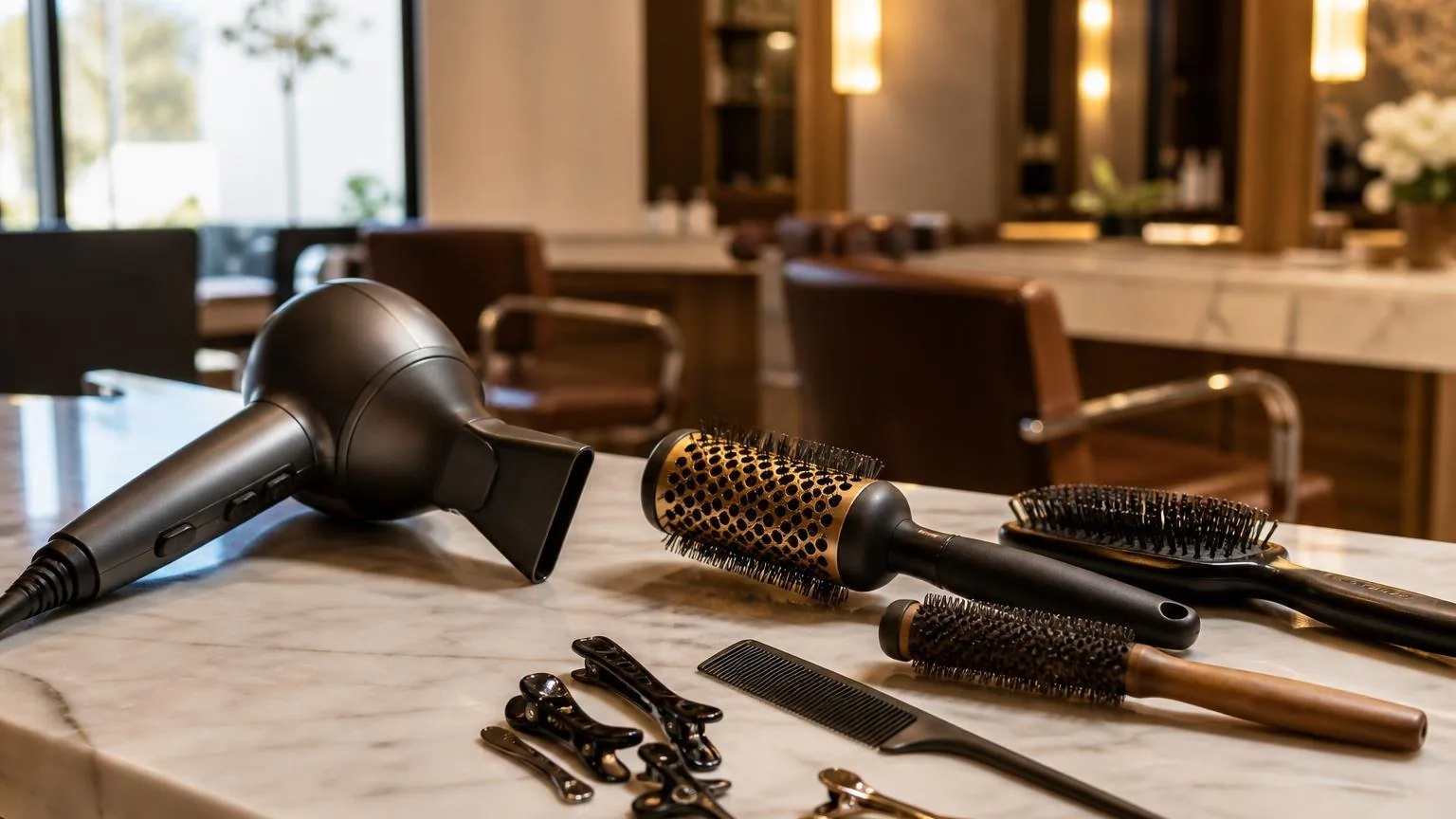A nozzle held at the correct angle to the hair shaft, macro, during a real blow dry