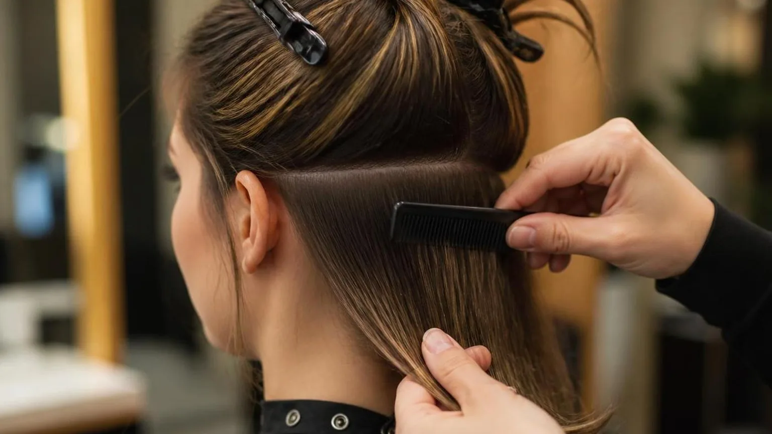 A client at the basin before the blow dry begins, warm light, shown close up