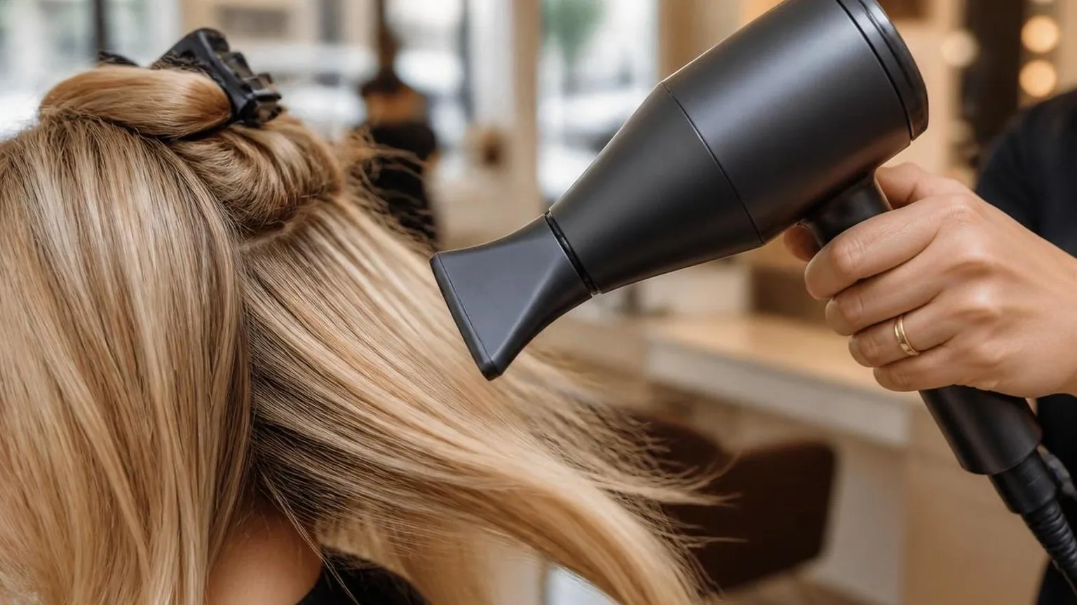 A stylist working through a sectioned blow dry, close-up, as it happens at the chair