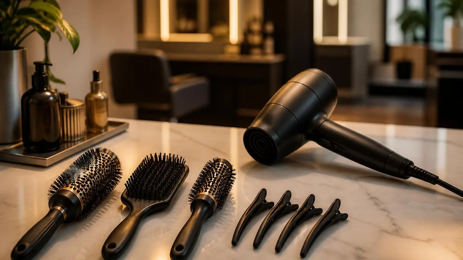 A dryer resting on a folded towel between clients, during a real blow dry