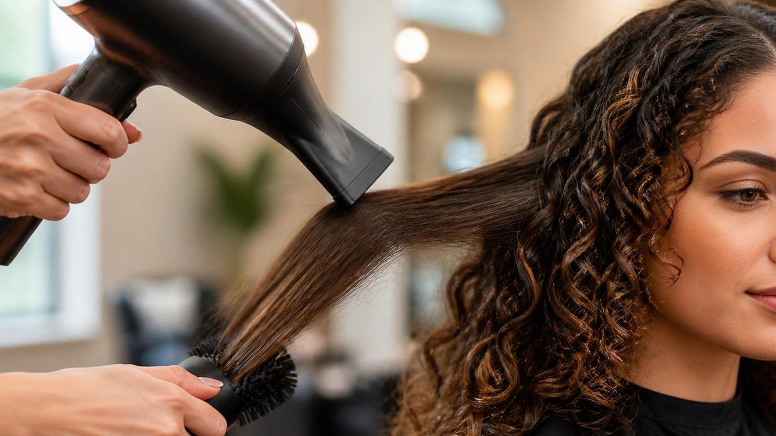 Blow drying curly hair straight without wrecking it — shown step by step in this guide