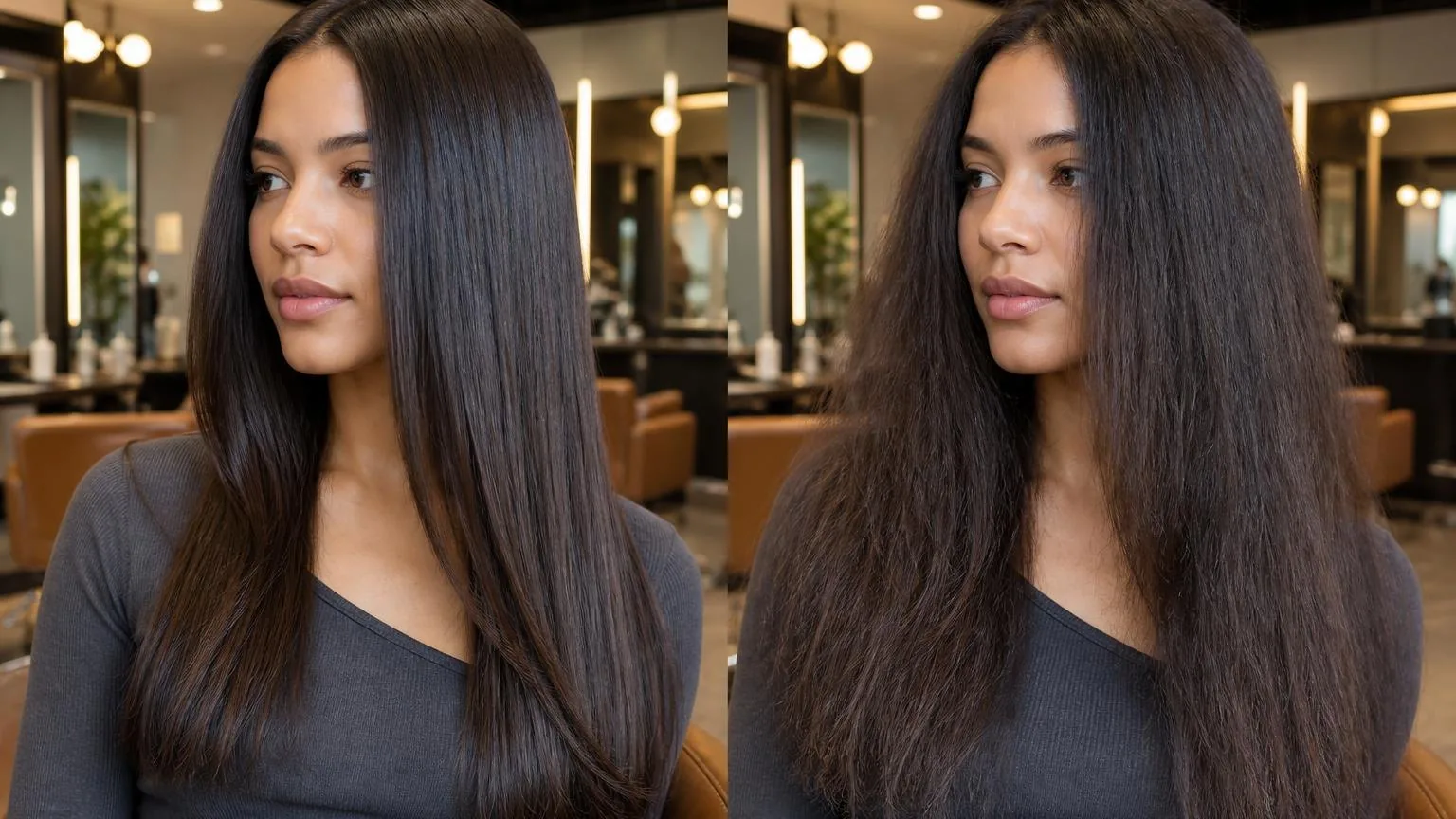 Clips holding sections apart on damp hair, overhead view, in a working salon