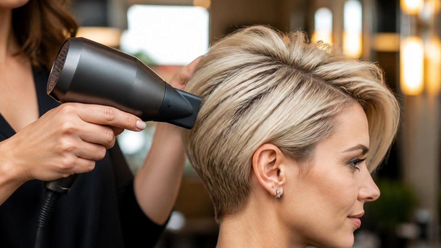 Blow drying short hair without losing the shape — shown step by step in this guide