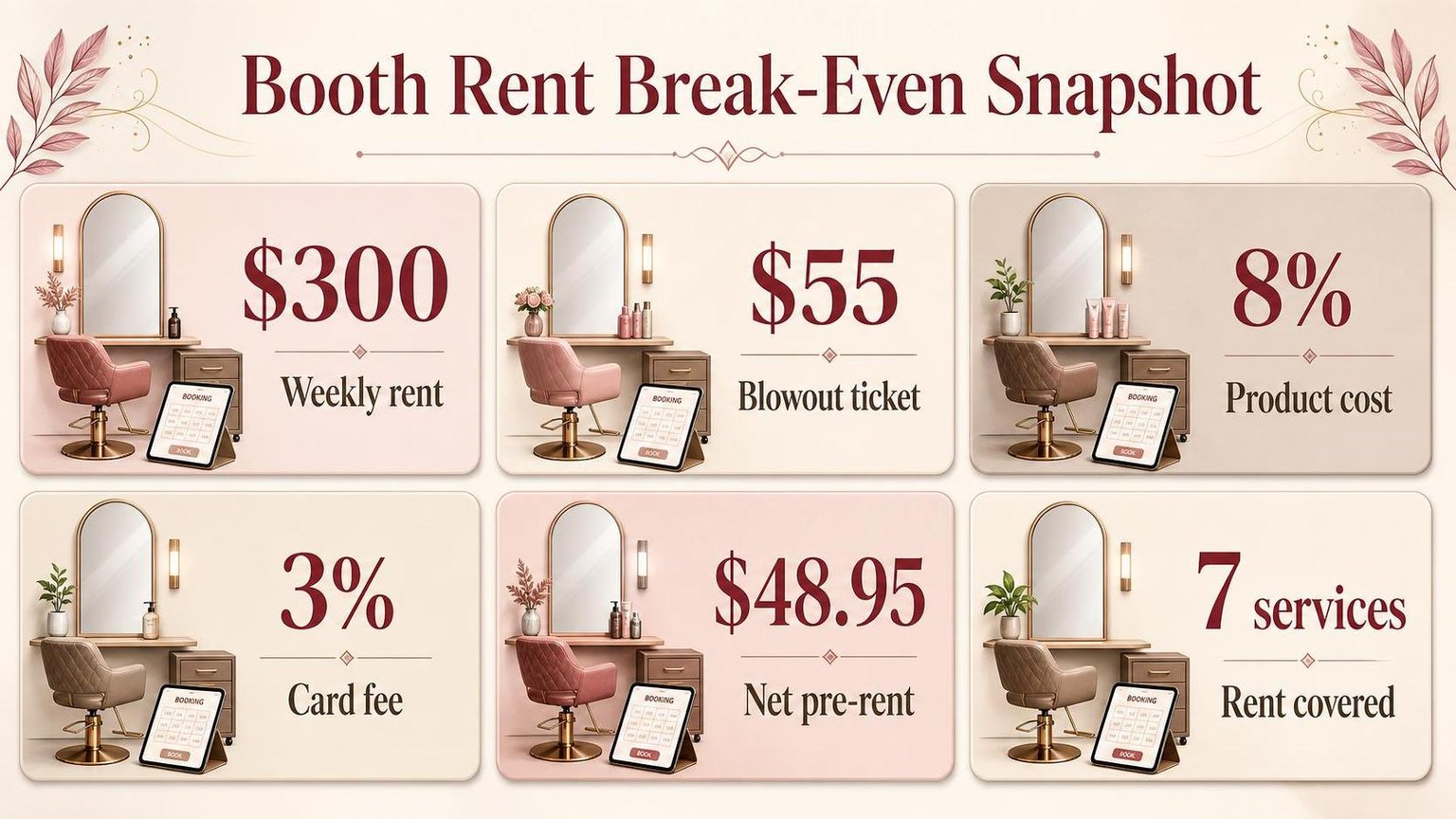 Booth Rent Break-Even Snapshot — the key figures from this guide at a glance