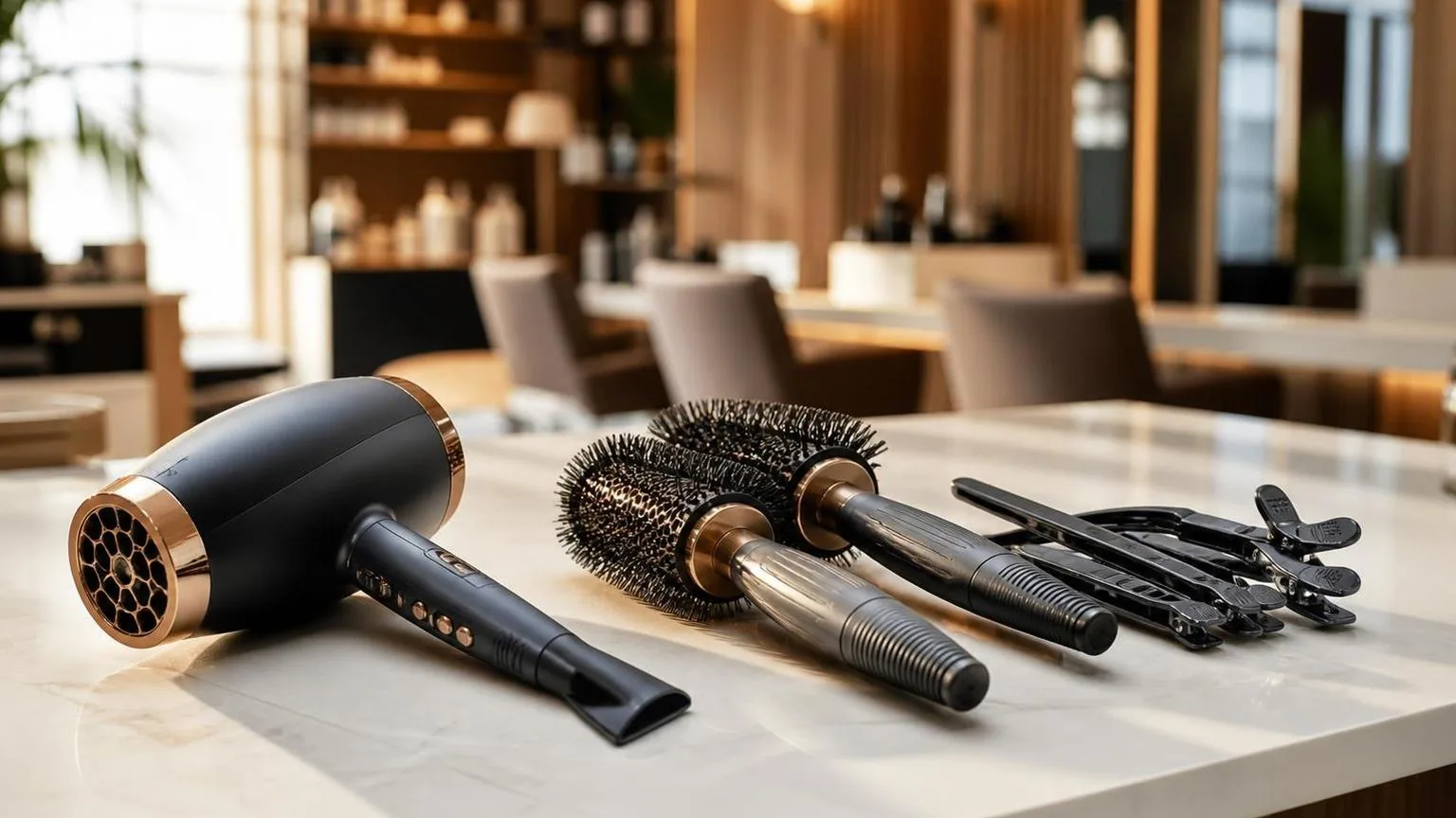 Brushes, clips and a professional dryer laid out on a clean counter, in everyday salon practice