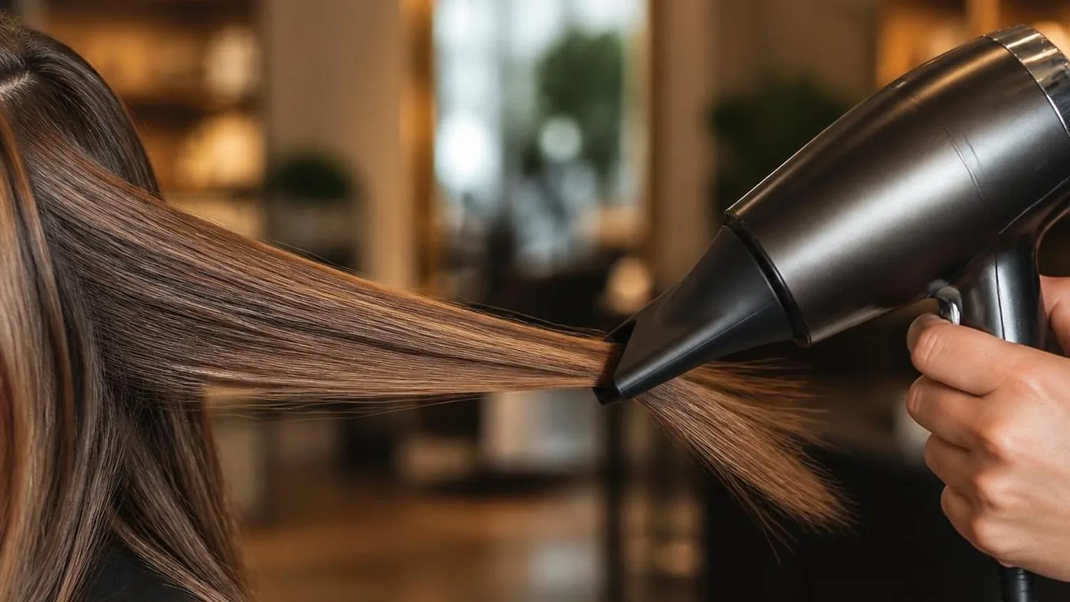 A nozzle held at the correct angle to the hair shaft, macro, as it happens at the chair