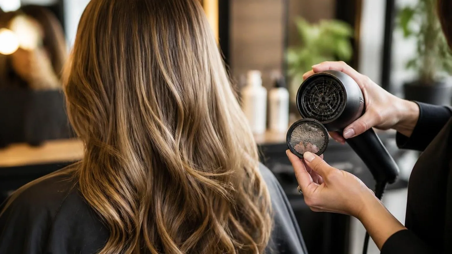 The finished blow dry from behind, movement in the lengths, during a real blow dry