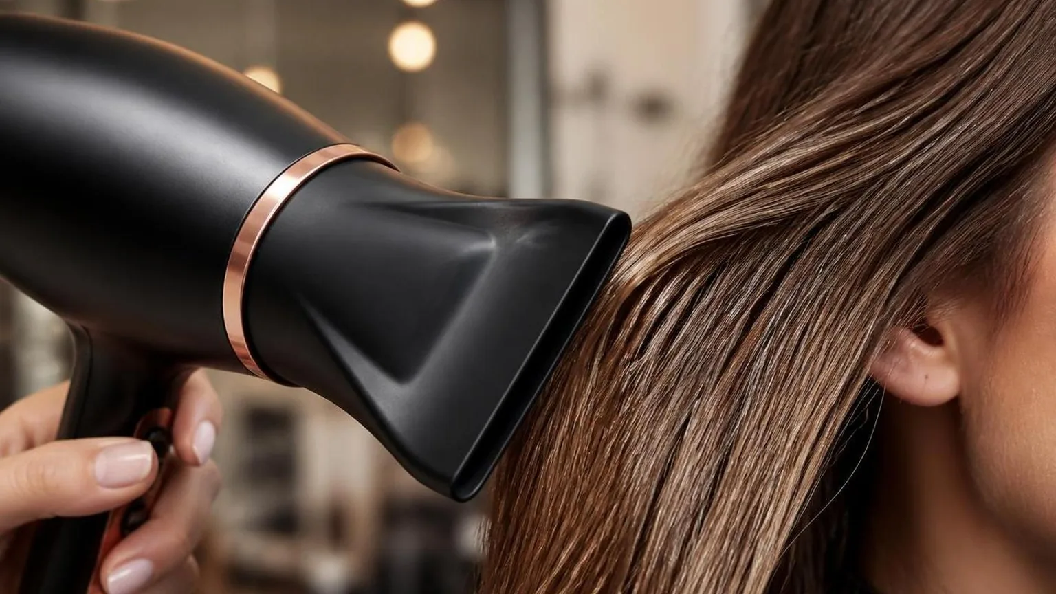 A stylist working through a sectioned blow dry, close-up, as it happens at the chair