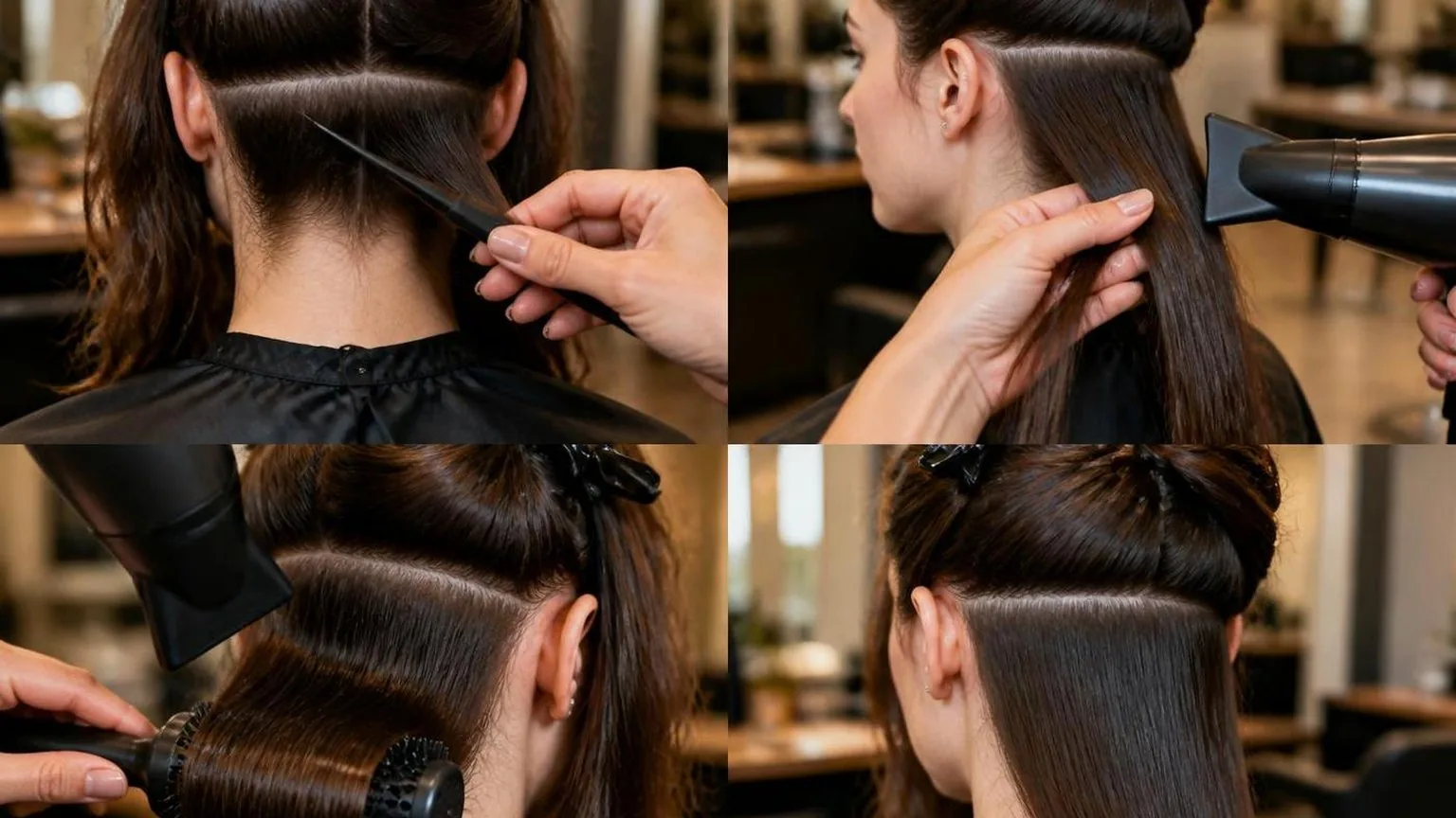 The workstation mid-service, tools in use and hair in motion, in a working salon