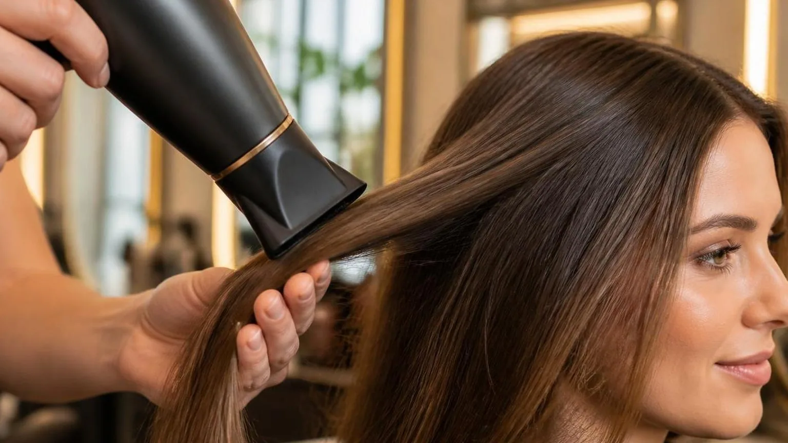 Brushes, clips and a professional dryer laid out on a clean counter, during a real blow dry