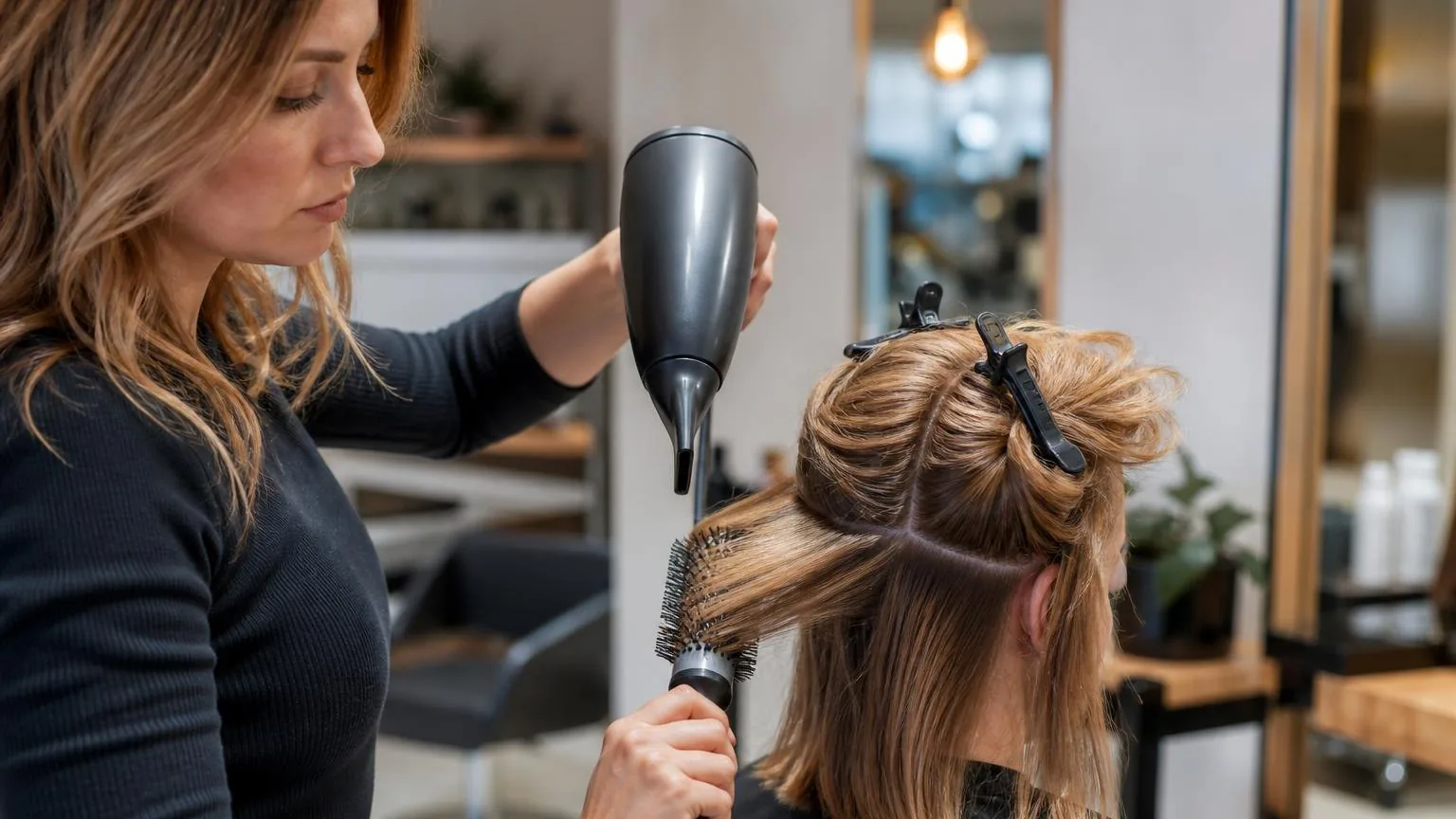 A client at the basin before the blow dry begins, warm light, in everyday salon practice