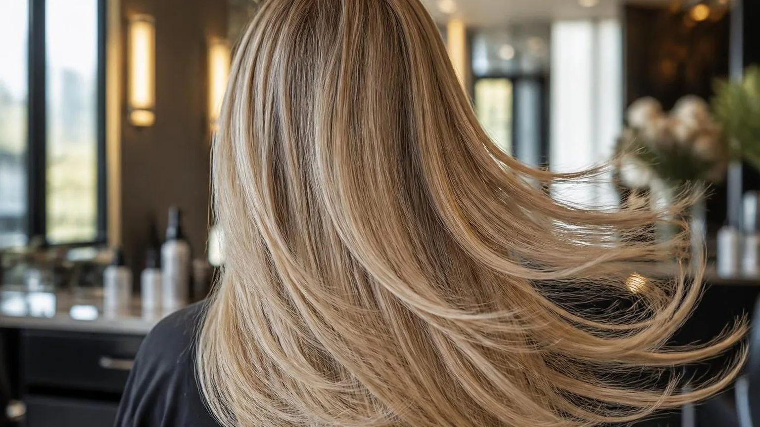 The finished blow dry from behind, movement in the lengths, as it happens at the chair