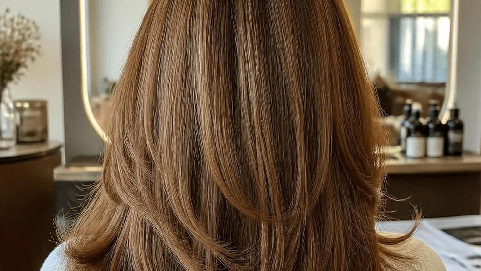 A stylist working through a sectioned blow dry, close-up, in natural daylight