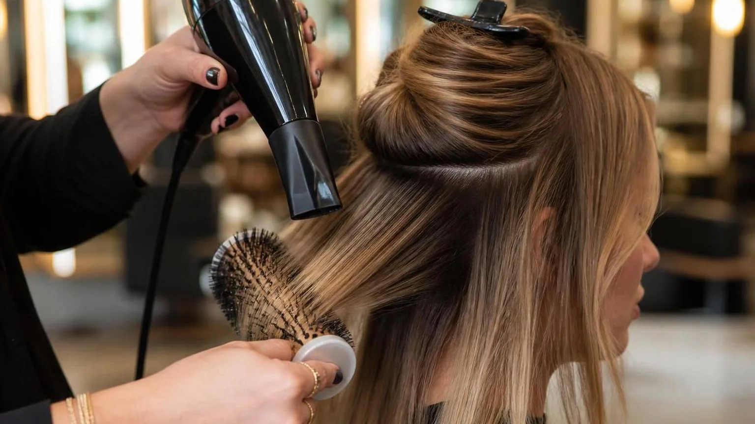 Close-up of hair texture and shine under soft daylight, in everyday salon practice