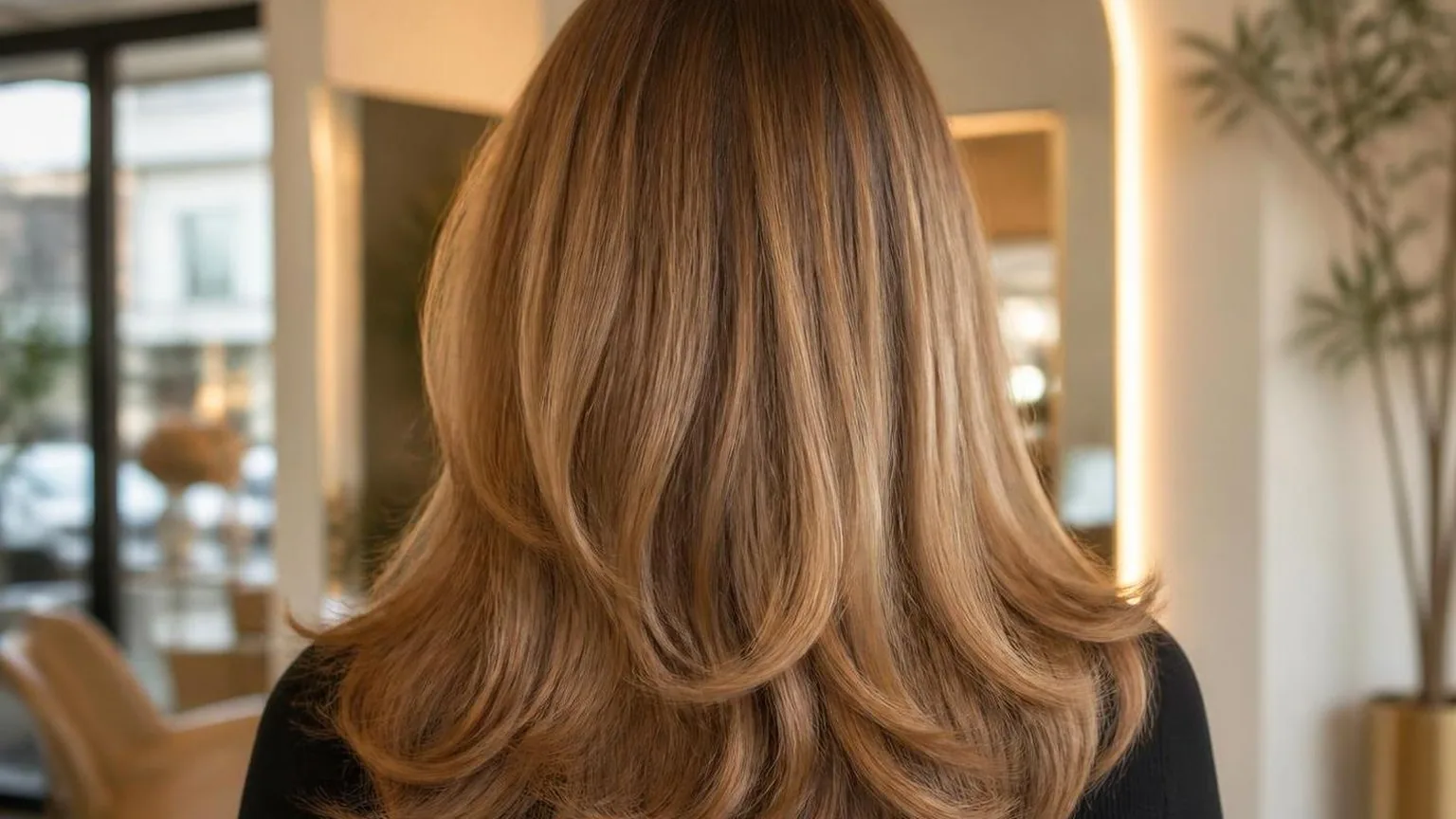 A mirror reflection of the finished style, natural light, in a working salon