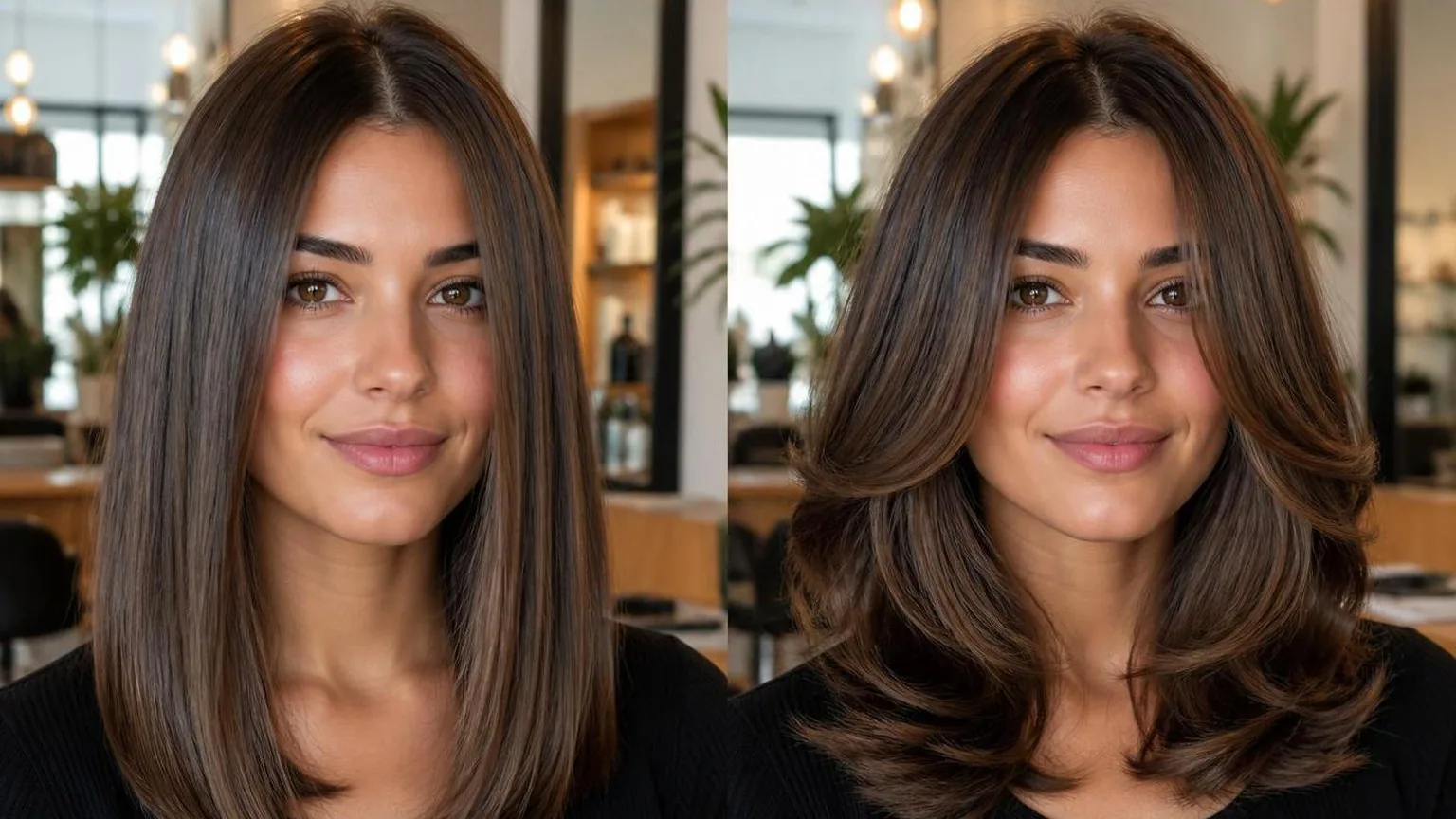 A stylist working through a sectioned blow dry, close-up, in natural daylight