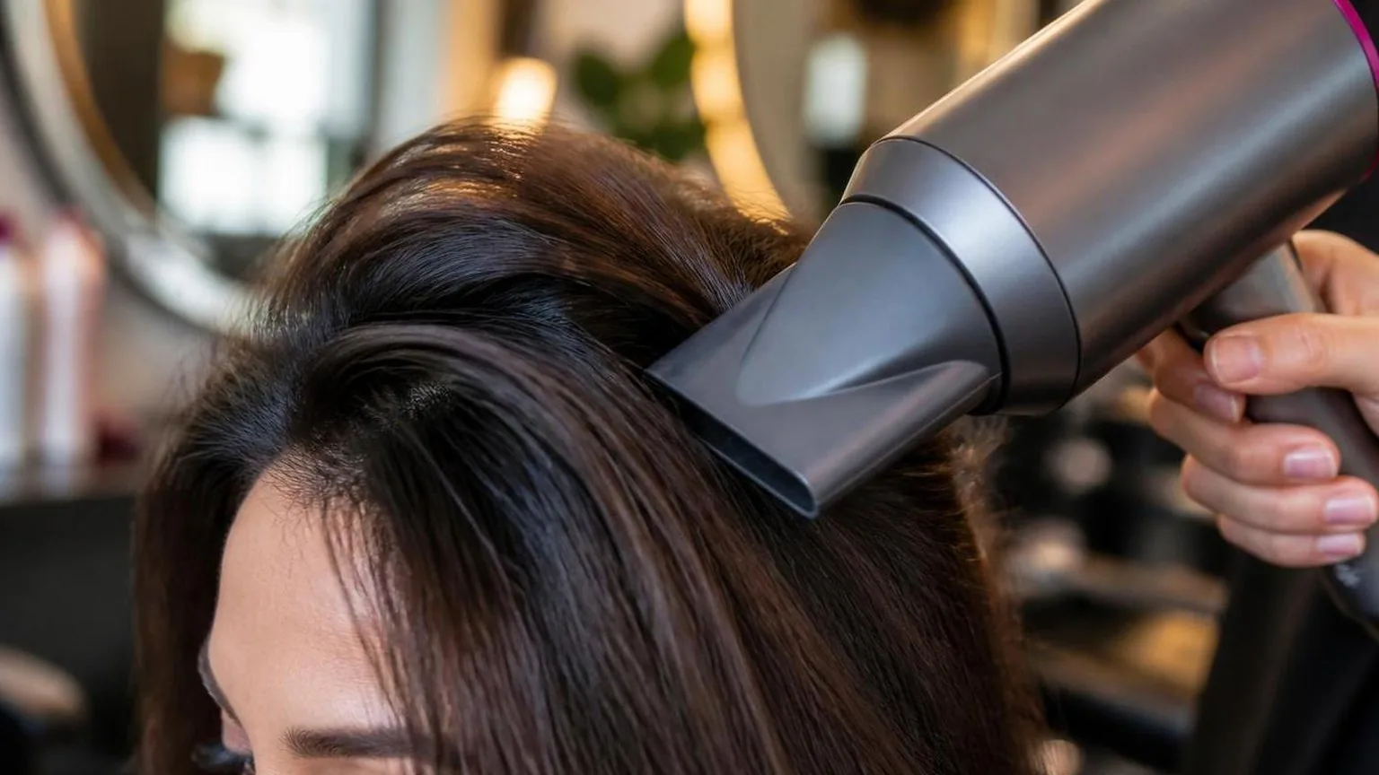 The finished blow dry from behind, movement in the lengths, shown close up