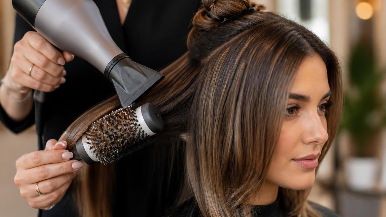 Round brush diameter, by hair length — shown step by step in this guide