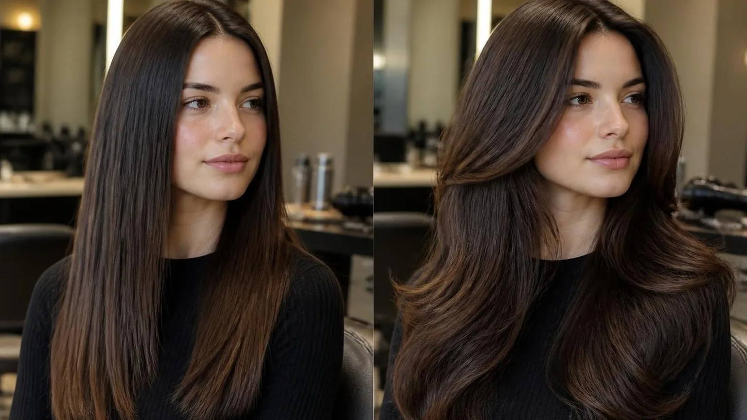 The finished blow dry from behind, movement in the lengths, in a working salon