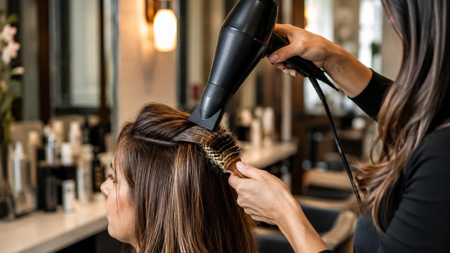 A client at the basin before the blow dry begins, warm light, in natural daylight