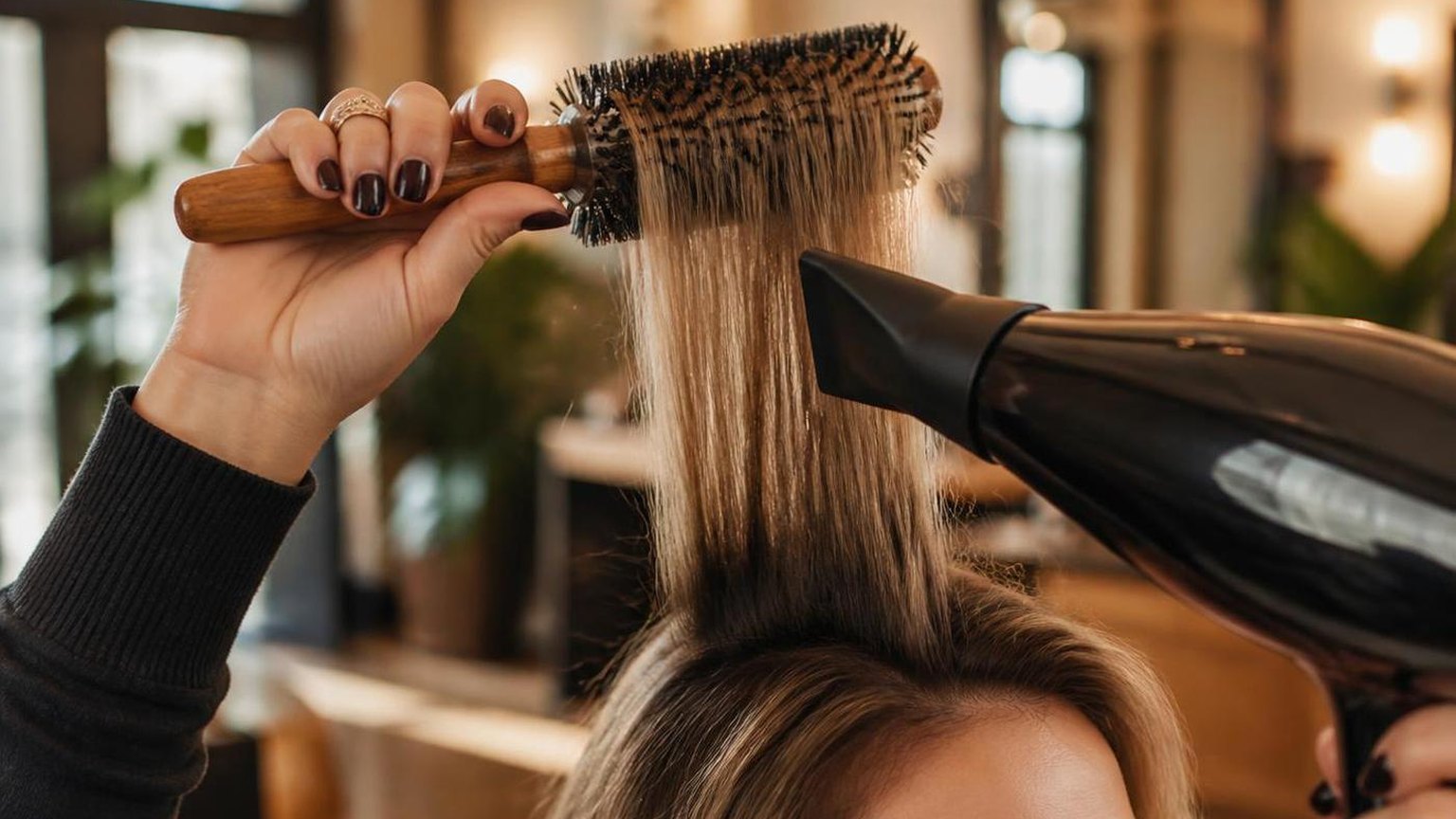 A stylist working through a sectioned blow dry, close-up, in a working salon