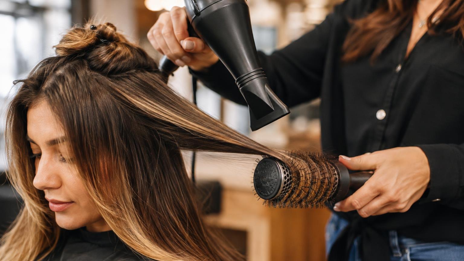 A dryer resting on a folded towel between clients, during a real blow dry