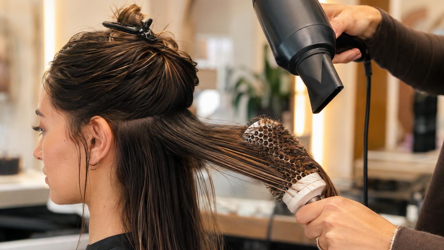 Close-up of hair texture and shine under soft daylight, during a real blow dry