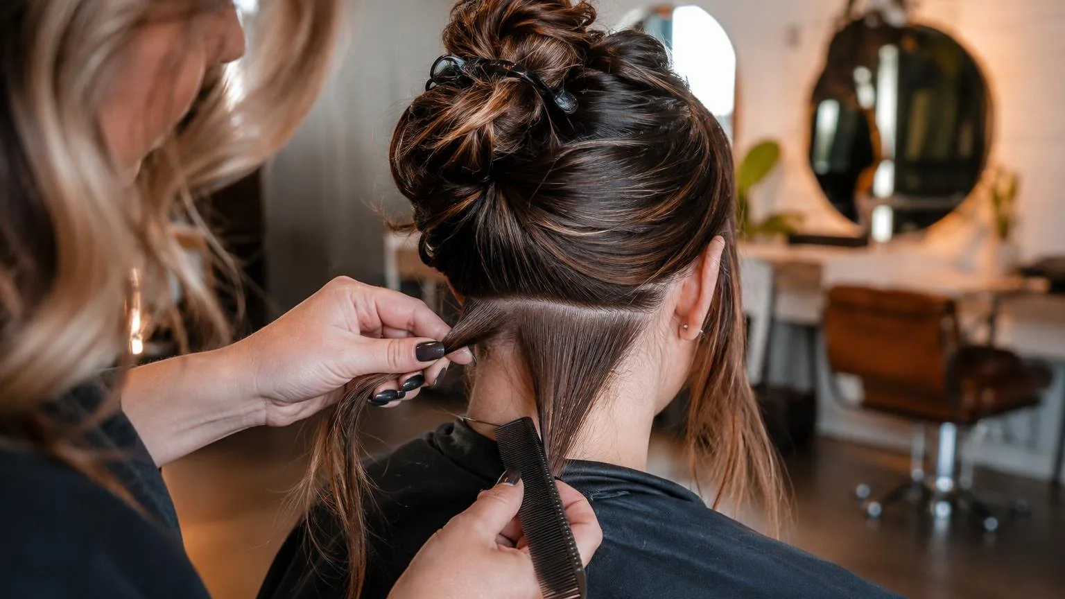 Step-by-step sectioning at the nape, close-up, as it happens at the chair
