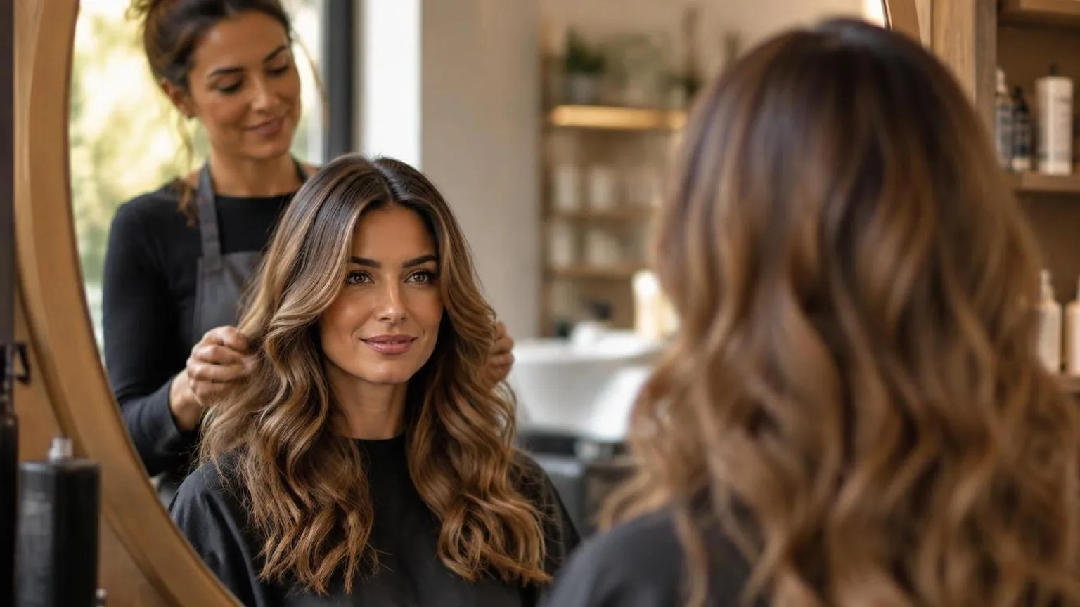 A mirror reflection of the finished style, natural light, in everyday salon practice