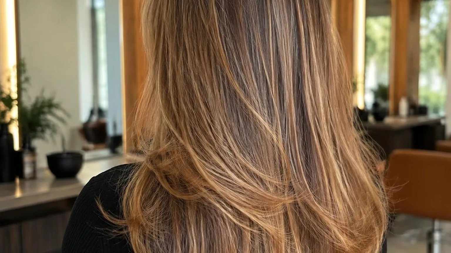 The finished blow dry from behind, movement in the lengths, in everyday salon practice