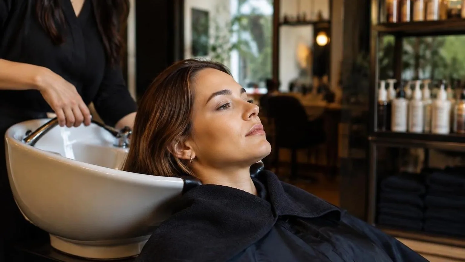 A client at the basin before the blow dry begins, warm light, in a working salon