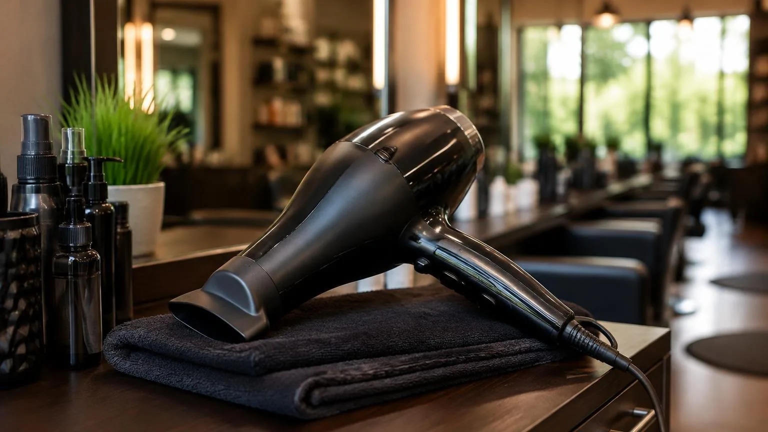A dryer resting on a folded towel between clients, in natural daylight