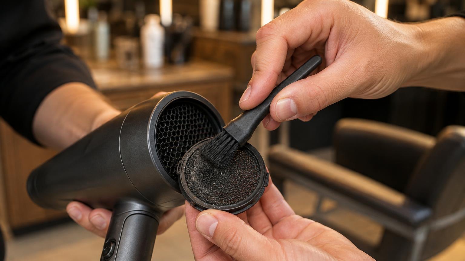 Brushes, clips and a professional dryer laid out on a clean counter, during a real blow dry