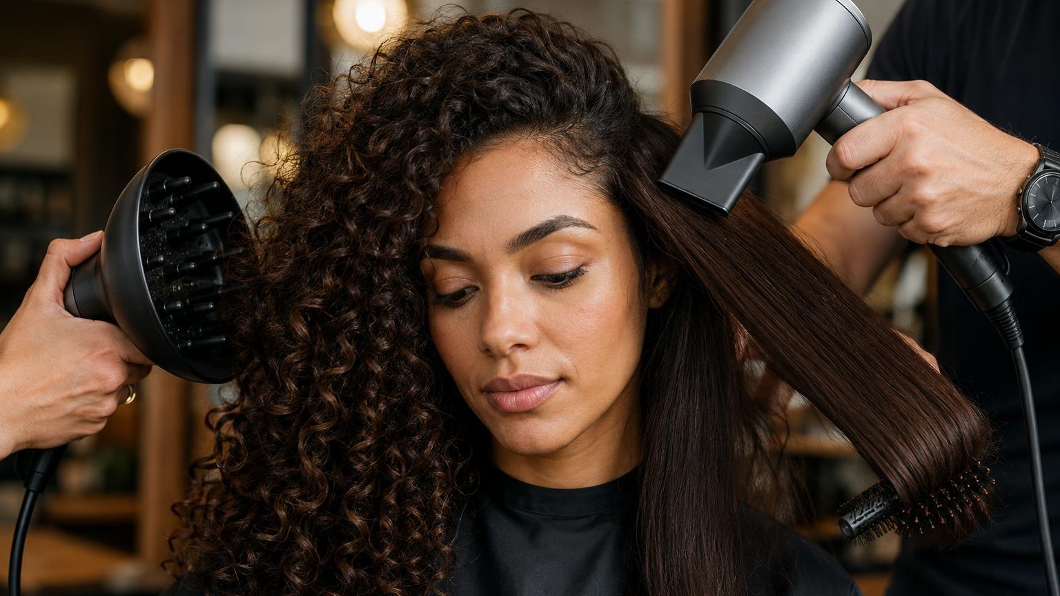 A nozzle held at the correct angle to the hair shaft, macro, as it happens at the chair