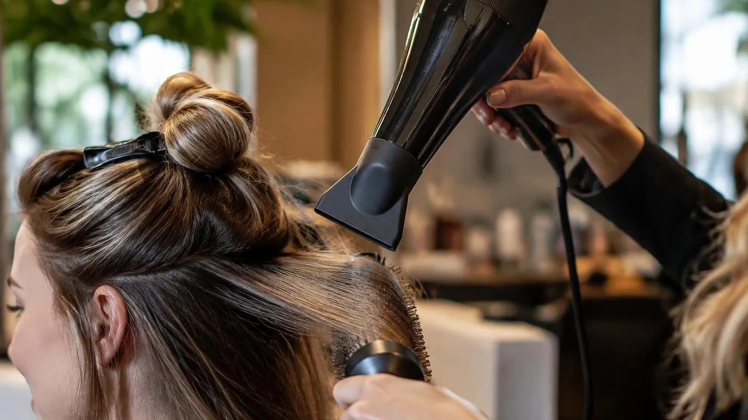 A client at the basin before the blow dry begins, warm light, in everyday salon practice