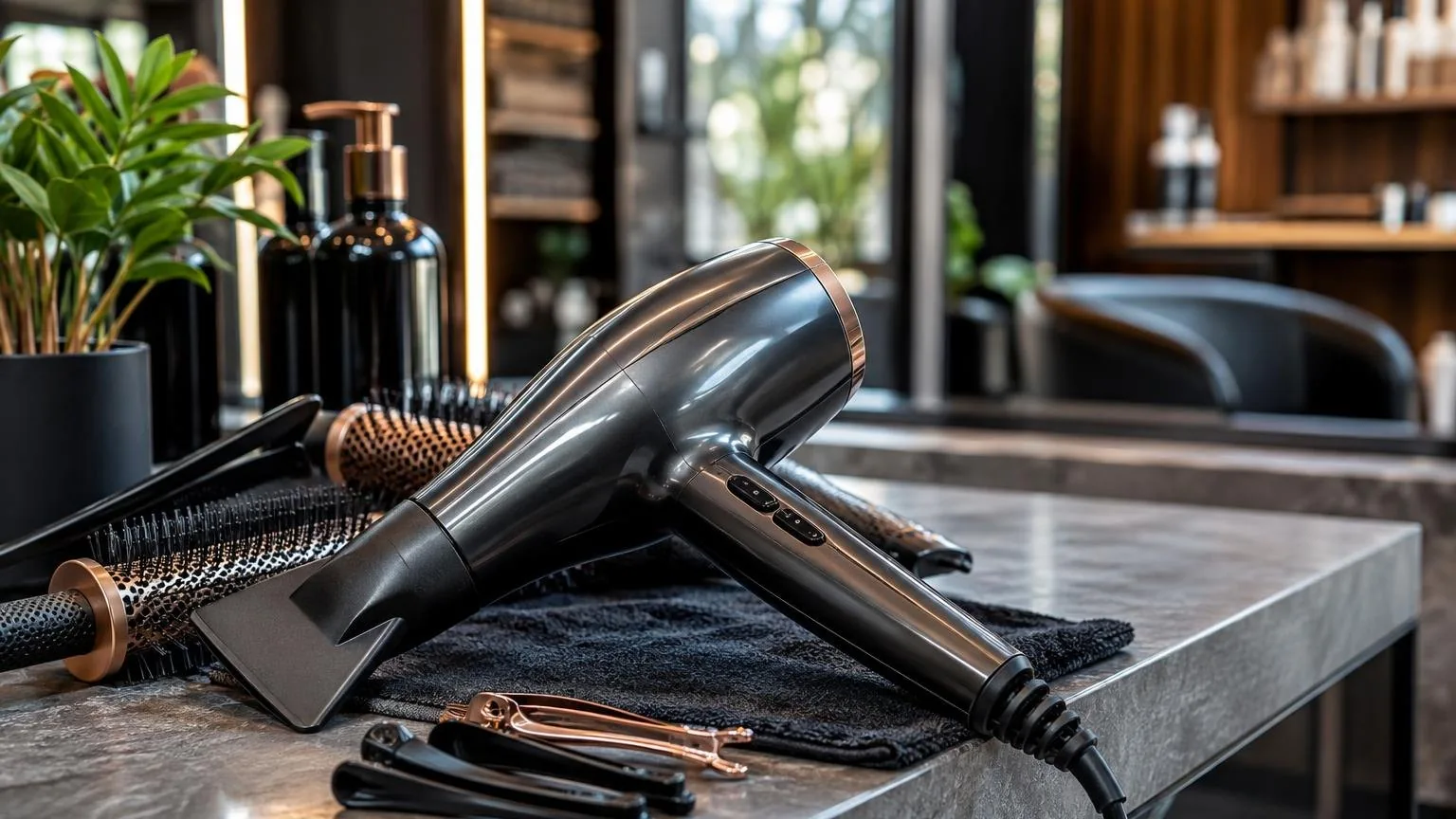A stylist working through a sectioned blow dry, close-up, in a working salon