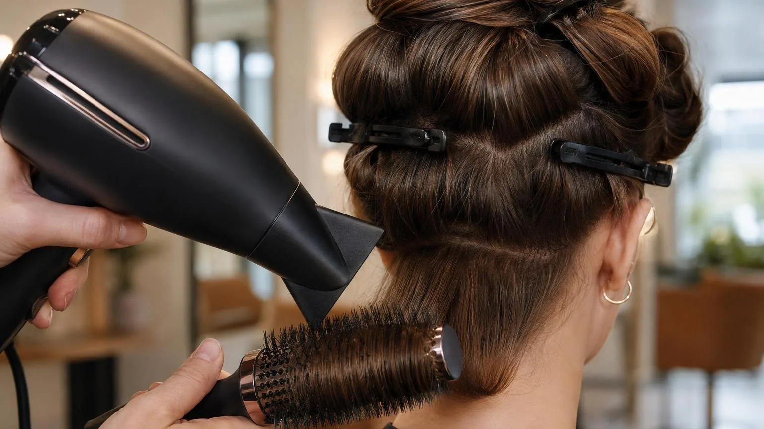 The workstation mid-service, tools in use and hair in motion, in a working salon