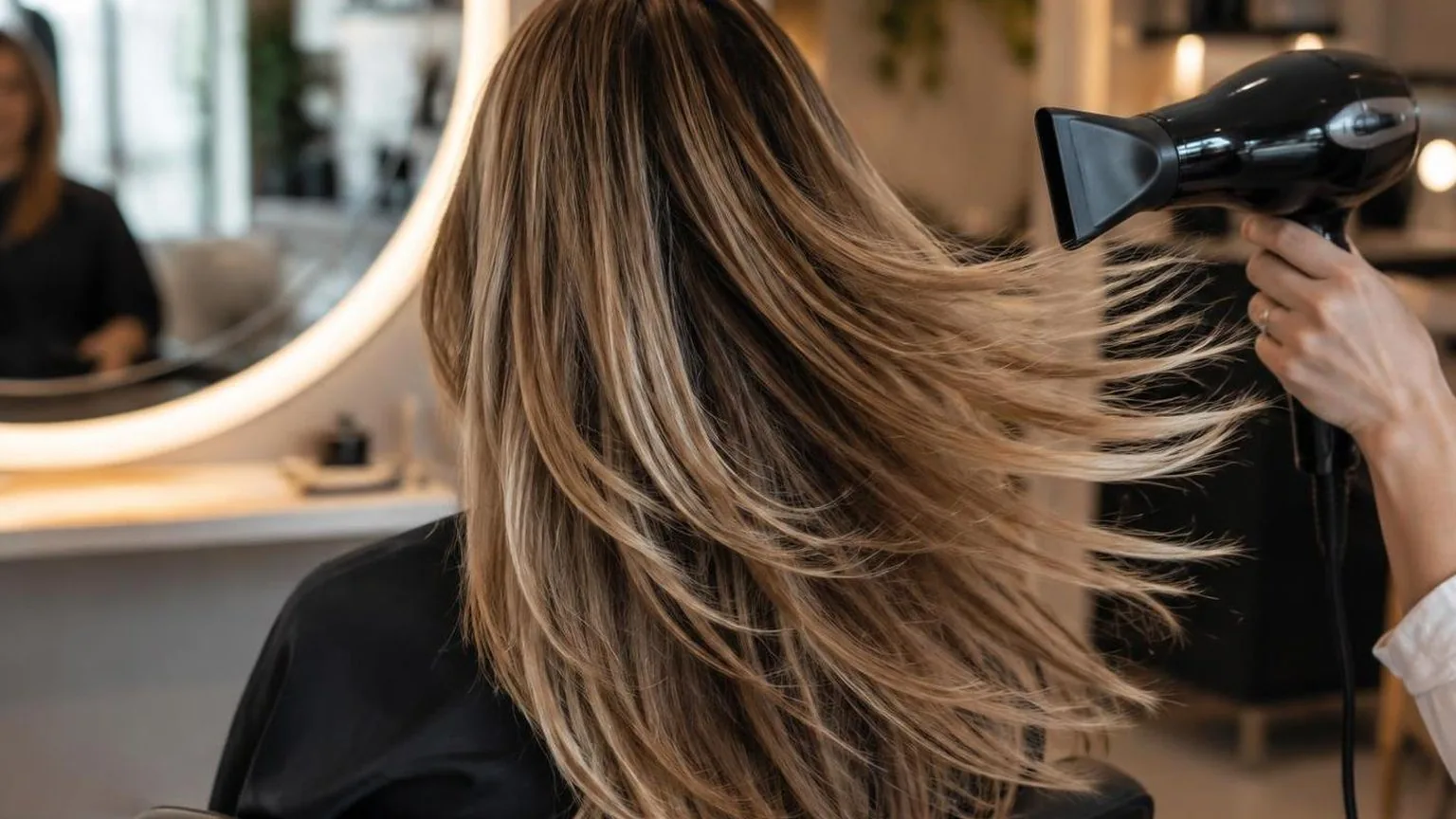 The finished blow dry from behind, movement in the lengths, as it happens at the chair
