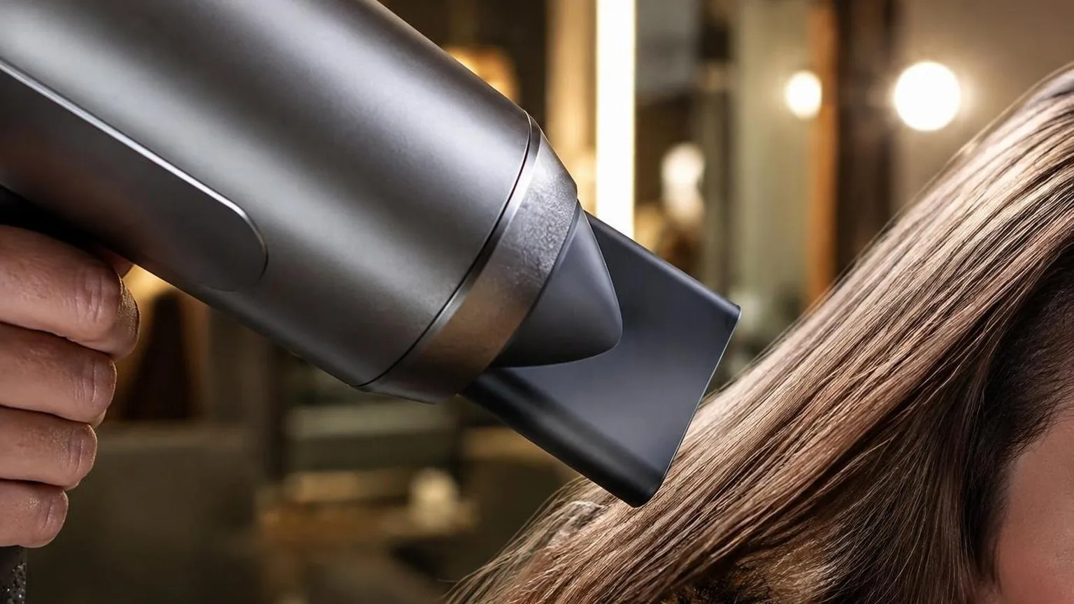 Hands checking tension on a round brush mid-section, close-up, during a real blow dry