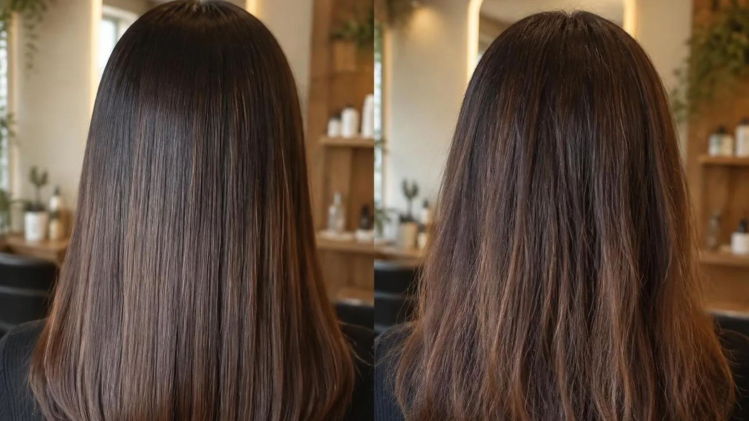 Side-by-side of two finishes on the same hair type, in everyday salon practice