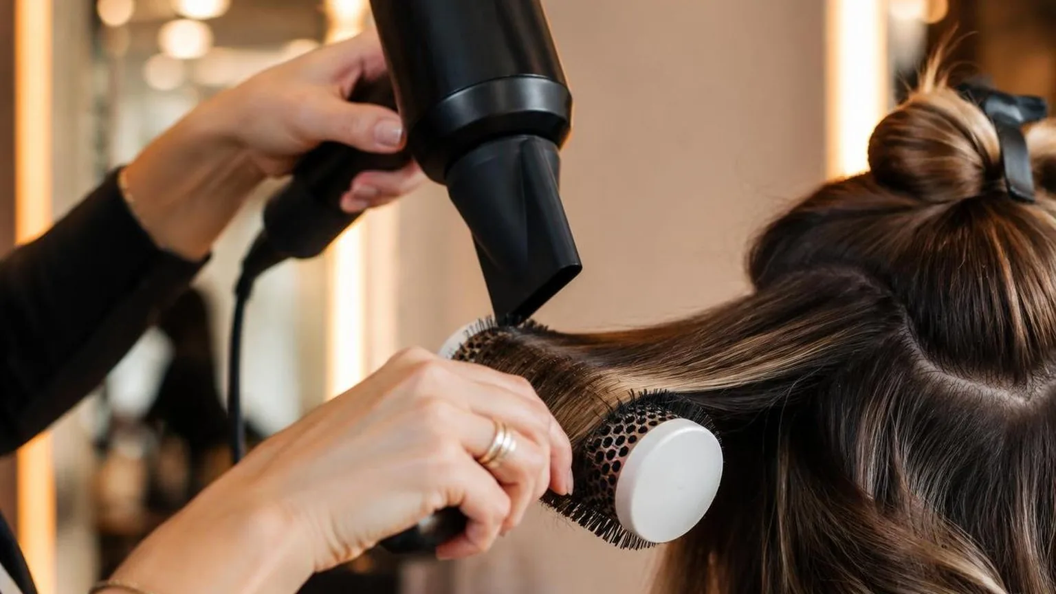 A client at the basin before the blow dry begins, warm light, as it happens at the chair