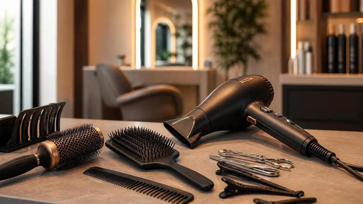 A mirror reflection of the finished style, natural light, during a real blow dry