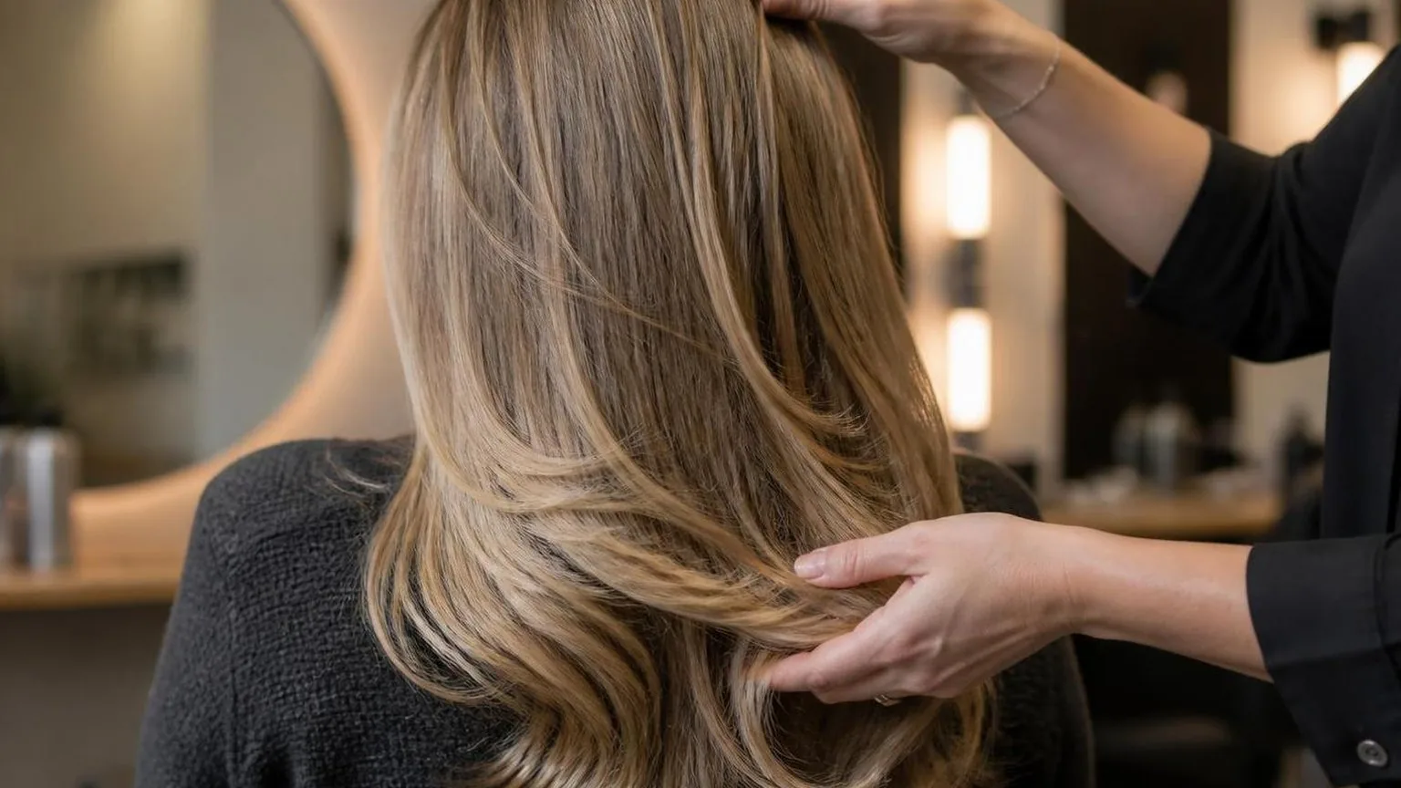 The workstation mid-service, tools in use and hair in motion, during a real blow dry