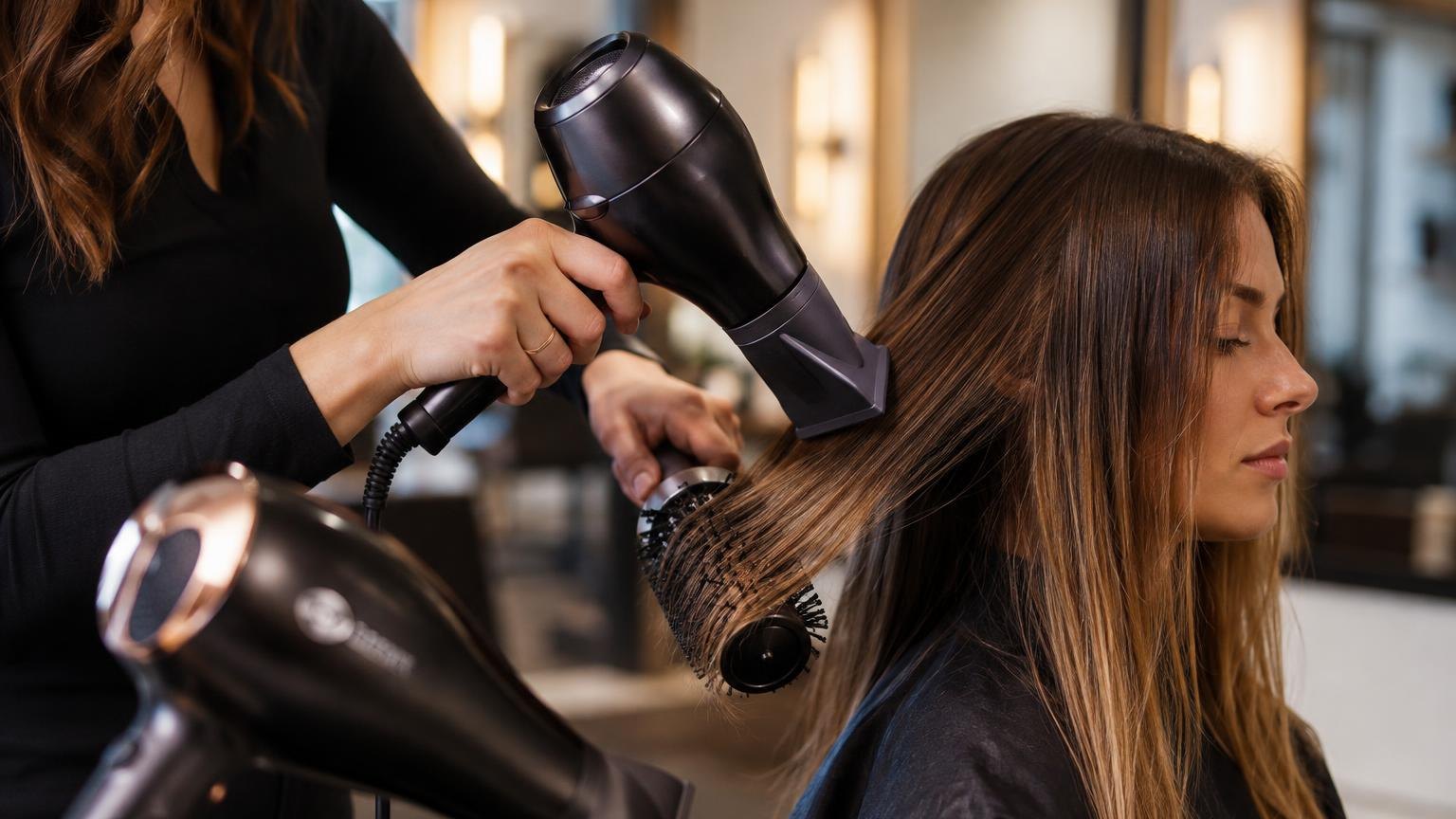 A client at the basin before the blow dry begins, warm light, as it happens at the chair