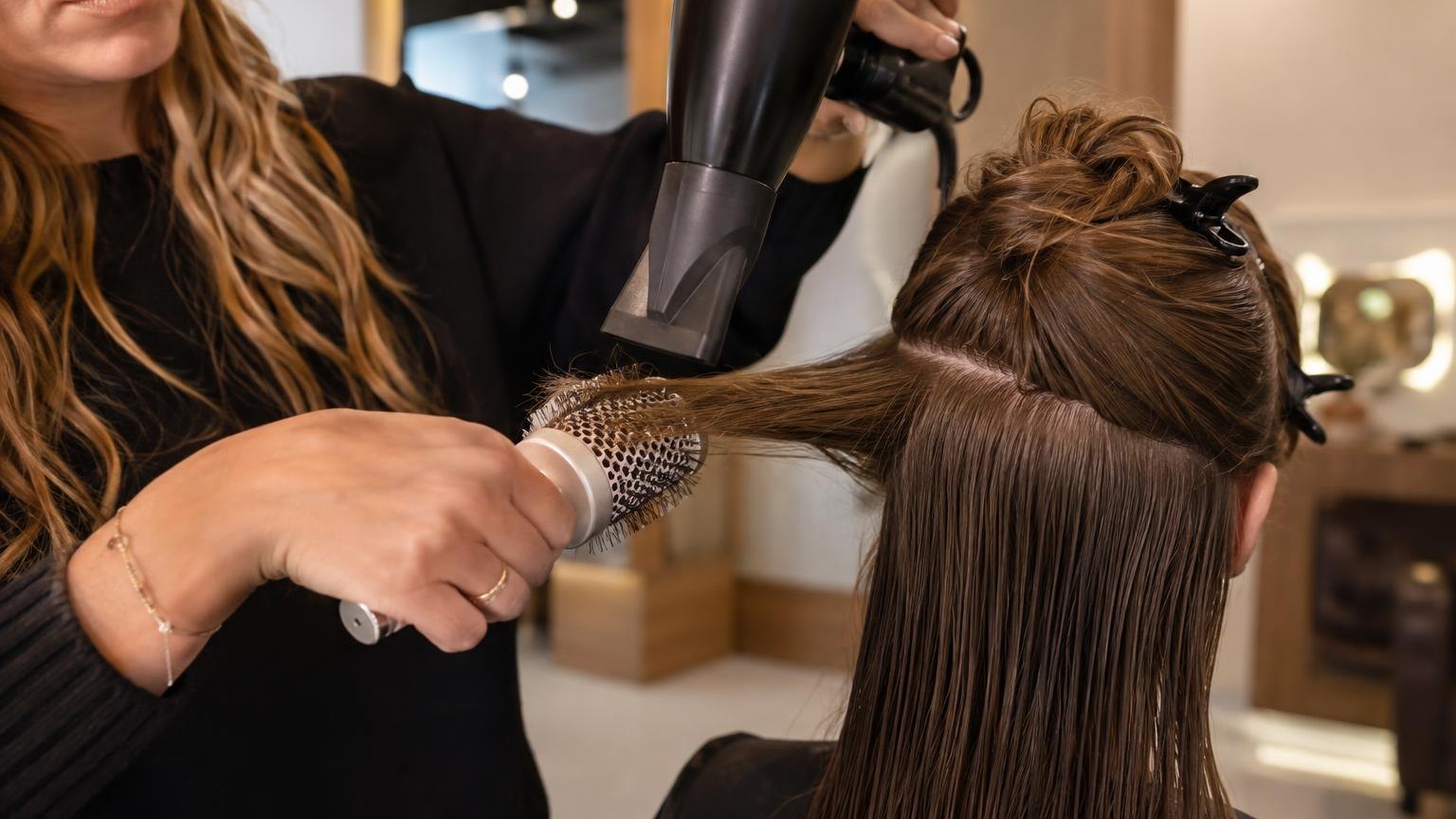 Clips holding sections apart on damp hair, overhead view, in natural daylight