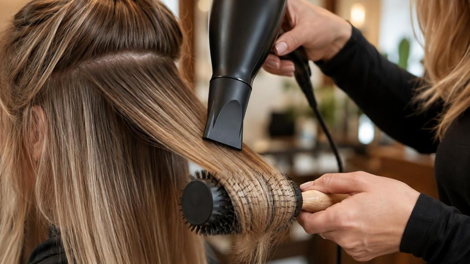 Brushes, clips and a professional dryer laid out on a clean counter, in natural daylight
